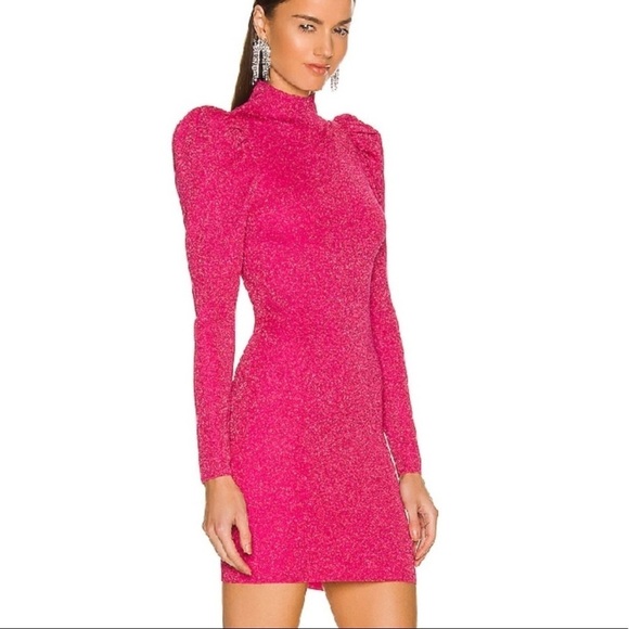 NWT! ALICE‎ + OLIVIA Barbie Core Issa wild pink metallic puff sleeves dress L - Picture 1 of 7
